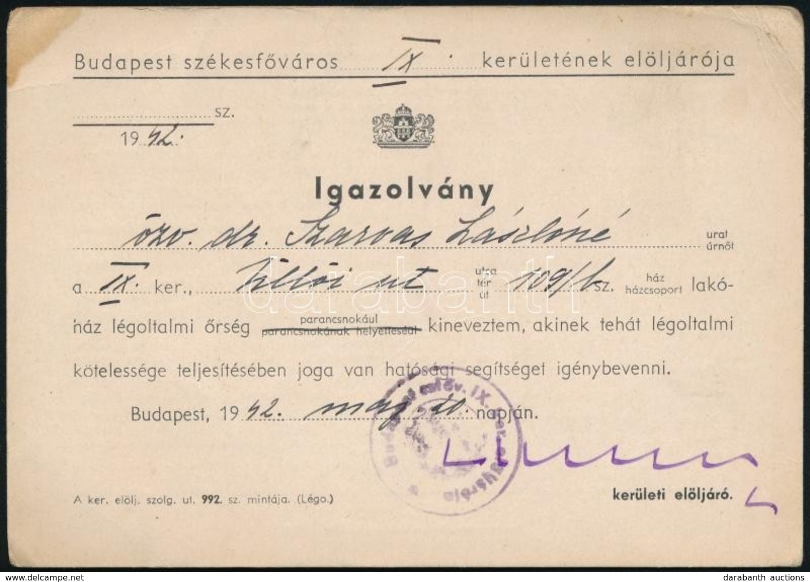 1942 Légoltalmi ?rségparancsnoki Igazolvány - Other & Unclassified