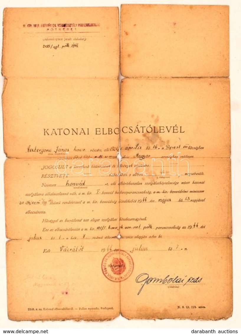 1944 Katonai Elbocsájtólevél Megviselt állapotban - Other & Unclassified