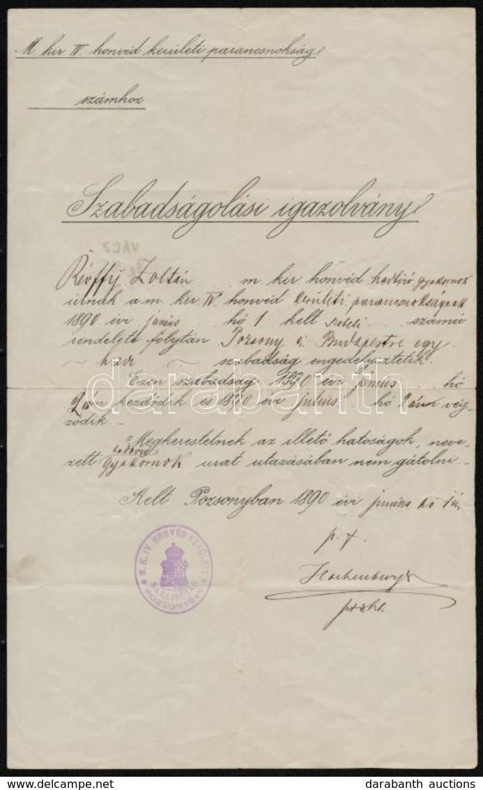 1890 Szabadságolási Igazolvány, M. Kir Honvéd Hadbírónak, Pozsony, Hadbírósági Pecséttel. - Other & Unclassified