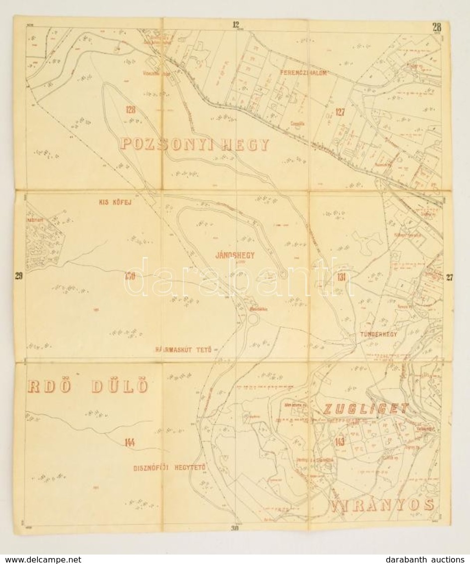 Cca 1910 Zugliget, János-hegy, Pozsonyi-hegy Környékének Térképe, Vászonra Kasírozva, 47x40 Cm - Other & Unclassified