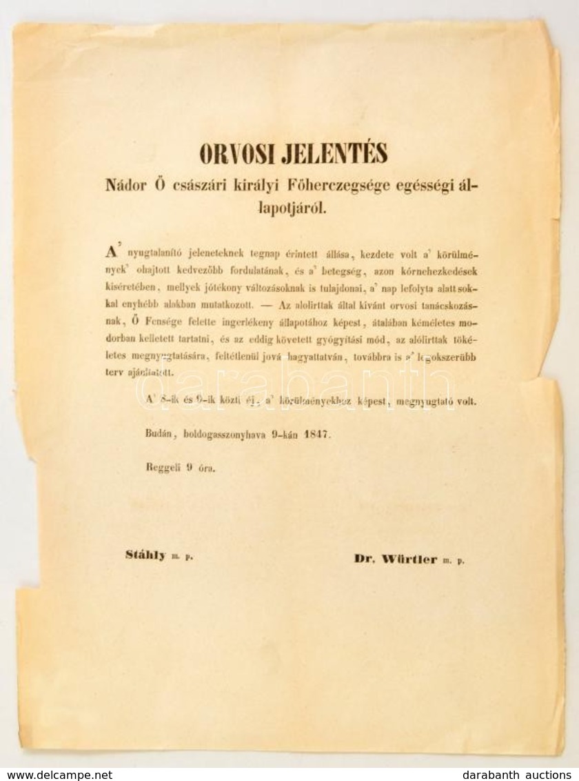 1847 'Orvosi Jelentés Nádor ? Császári Királyi F?herczegsége Egésségi állapotáról', Stáhly és Würtler Kezel?orvosok Janu - Unclassified