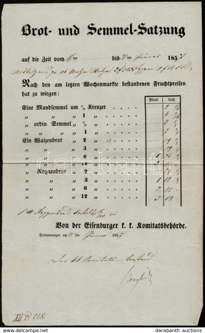 Cca 1850 Vas Megye Zsemle és Kenyér árszabály Hirdetmény, Német Nyelven, 33,5x21 Cm - Unclassified