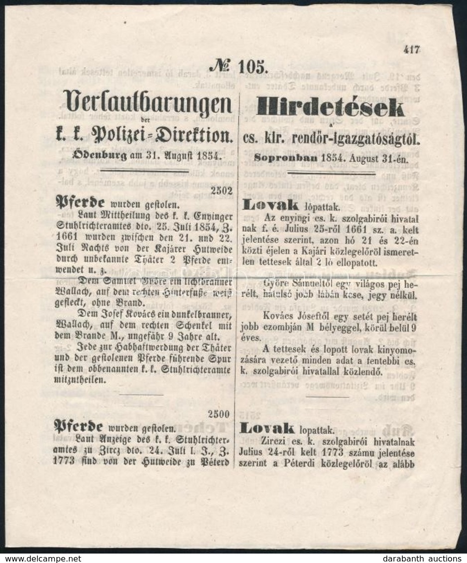 1854 Sopron, Hirdetések Cs. Kir. Rend?r Igazgatóságtól, Benne Különféle B?ncselekmények Leírása, Kétnyelv?, 4 P. - Unclassified
