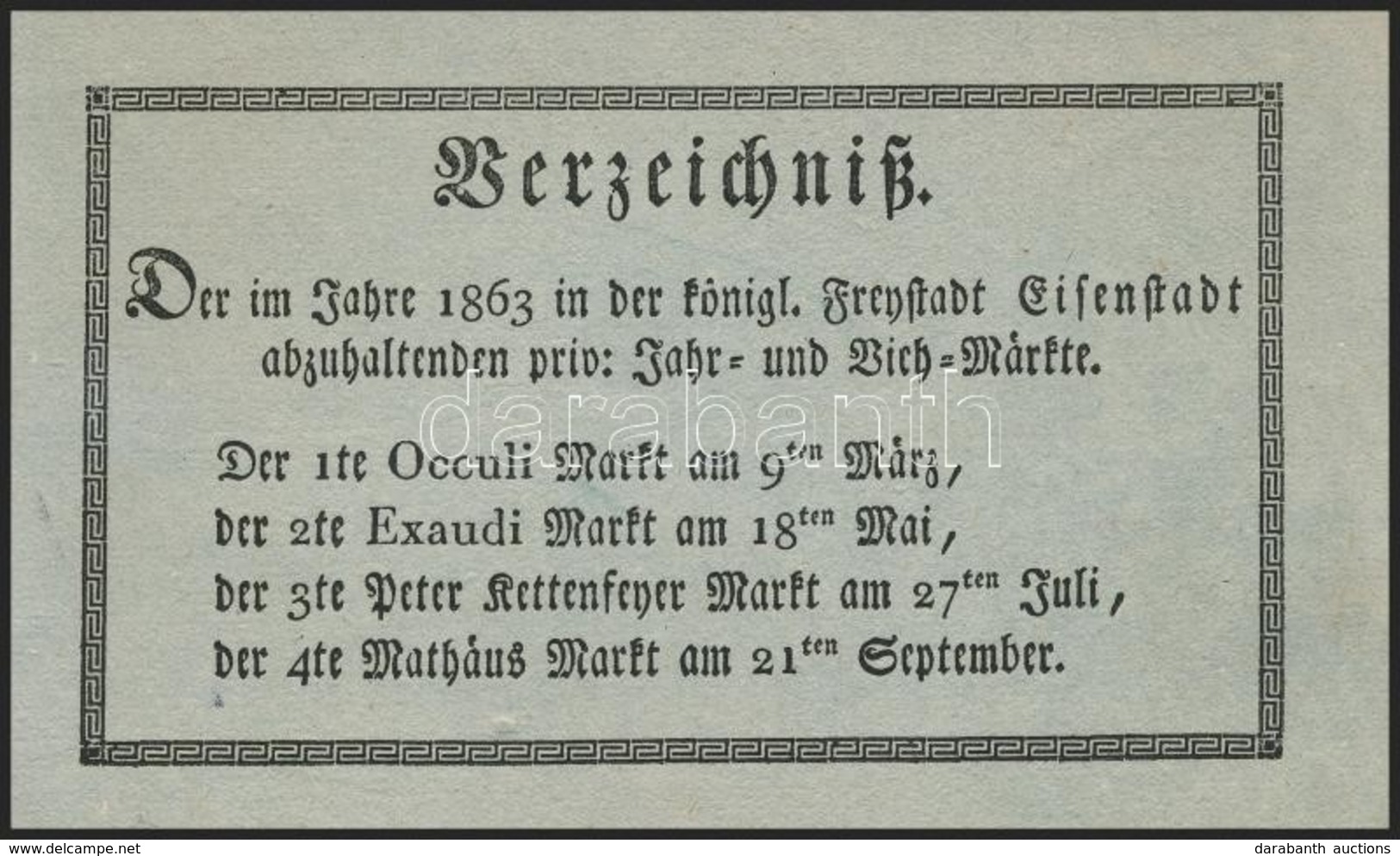 1863 Jegyzék Az Adott évben Kismartonban (Eisenstadt) Tartandó Nagyvásárokról, Német Nyelven - Unclassified