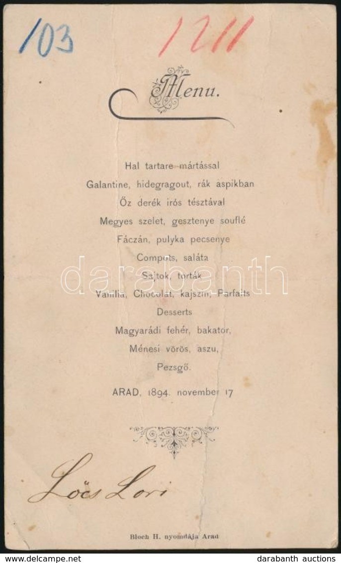1894 Arad, étlap, Bloch H. Nyomdája - Unclassified