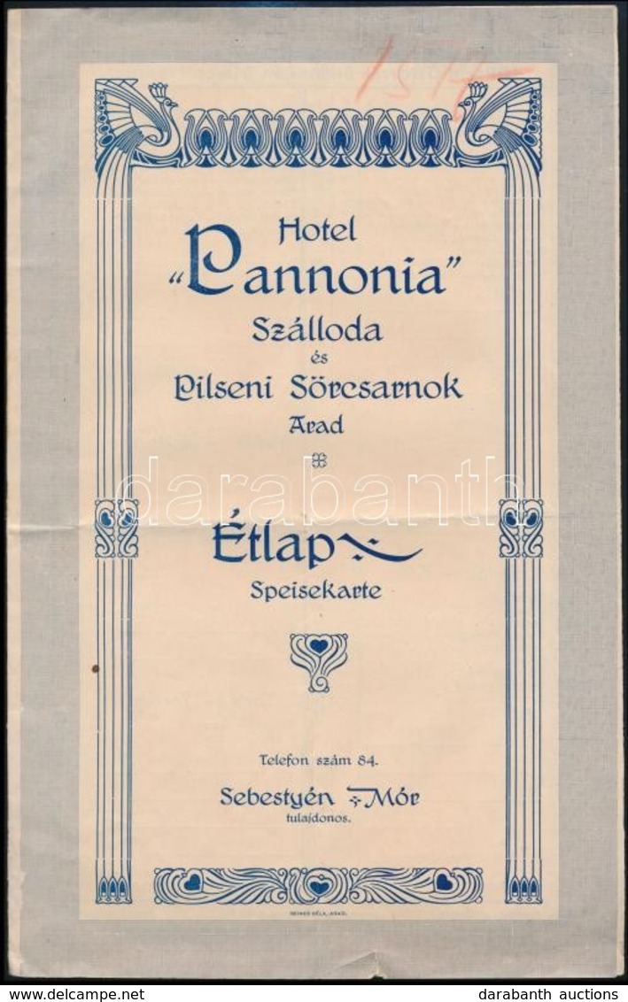Cca 1910 Arad, A Hotel Pannonia Szálloda és Pilseni Sörcsarnok étlapja - Unclassified