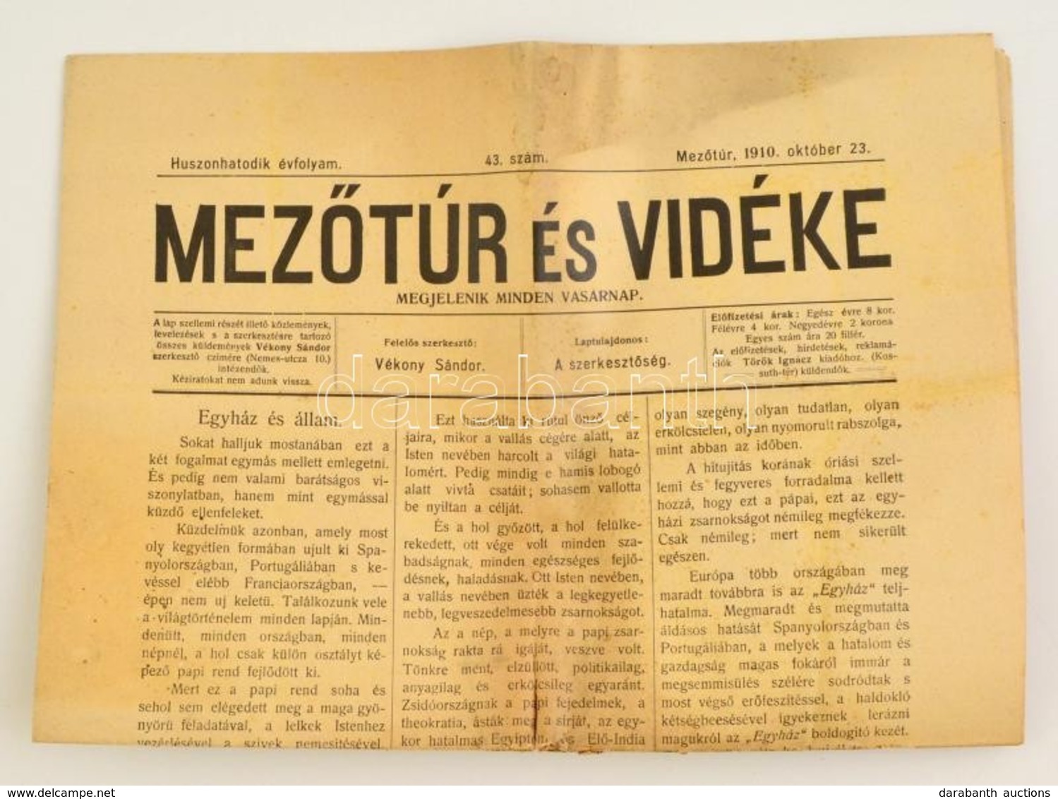 1910 A Mez?túr és Vidéke 26. évf. 43. Száma (okt. 23.), érdekes írásokkal - Unclassified