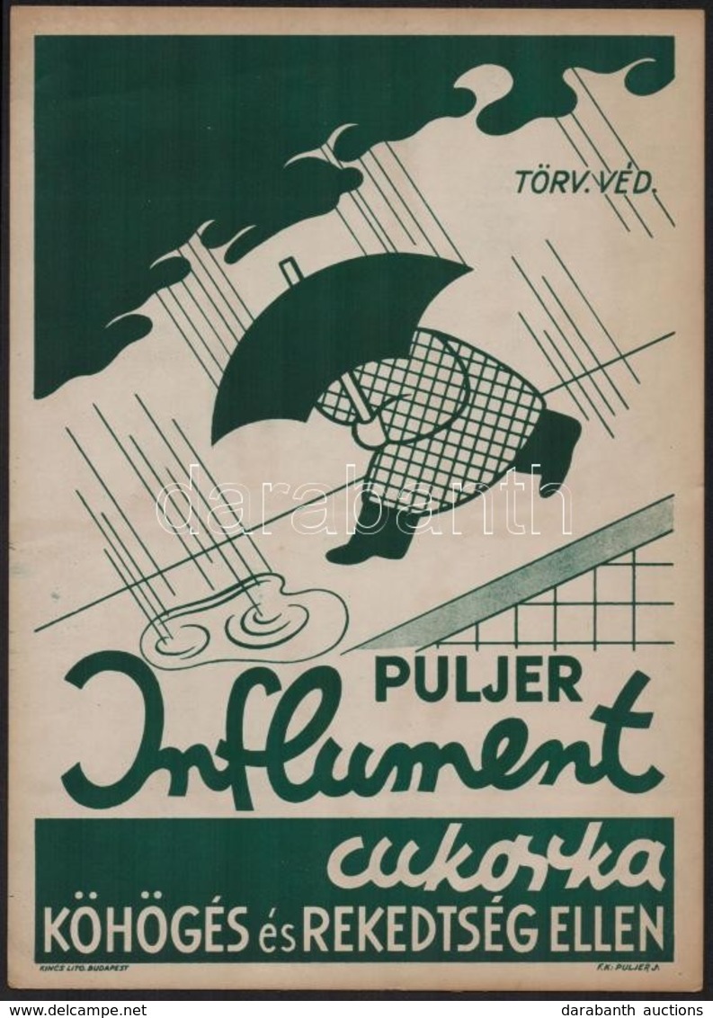 Cca 1930 Puljer Influment Gyógyszer, Cukorka Reklám Plakát, Nagyobb Méret? Kincs Lito., 33x23 Cm - Other & Unclassified