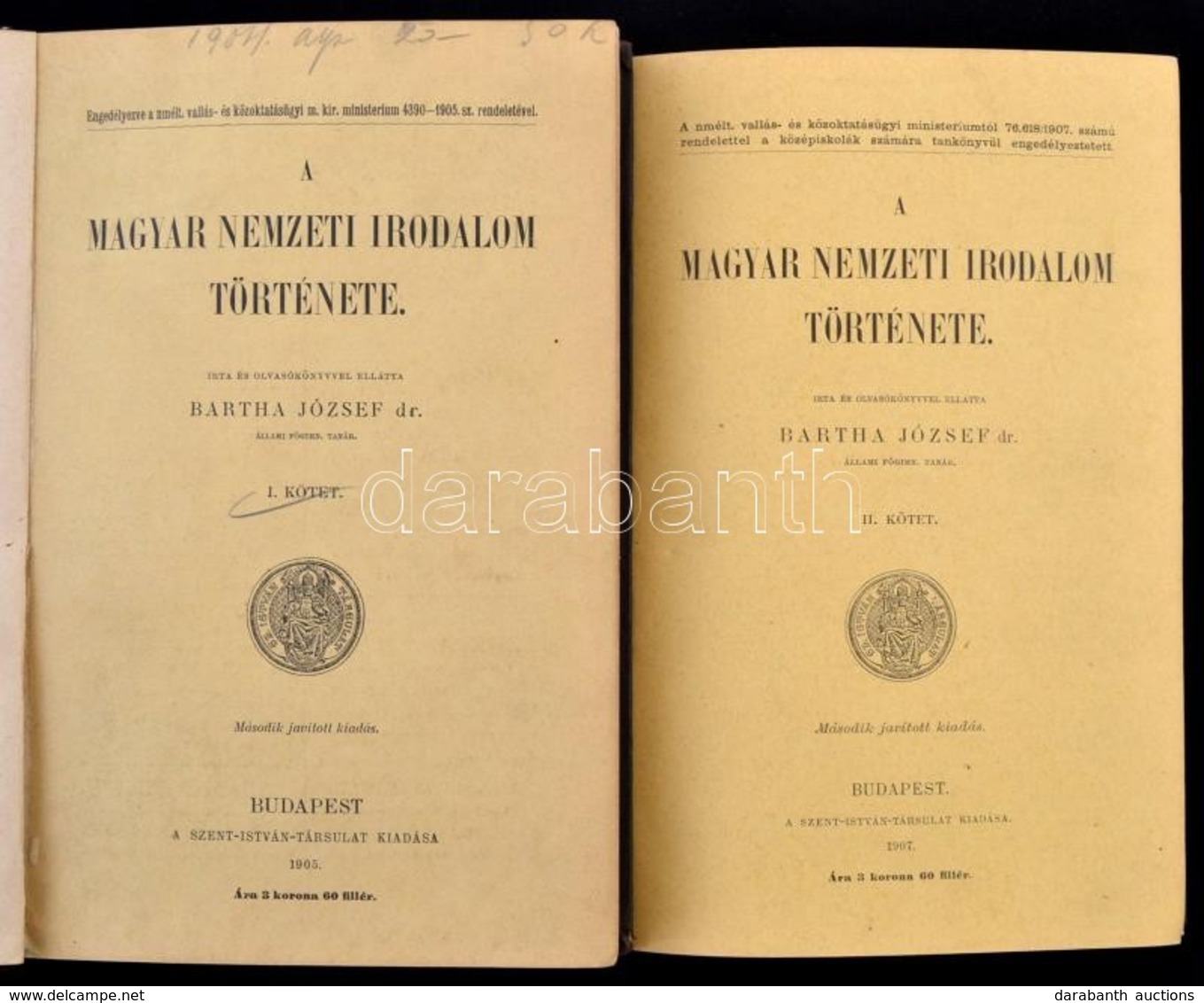 Bartha József: A Magyar Nemzeti Irodalom Története I-II. Bp., 1905, 1907, Szent István Társulat. Egészvászon Kötés, Kopo - Non Classificati