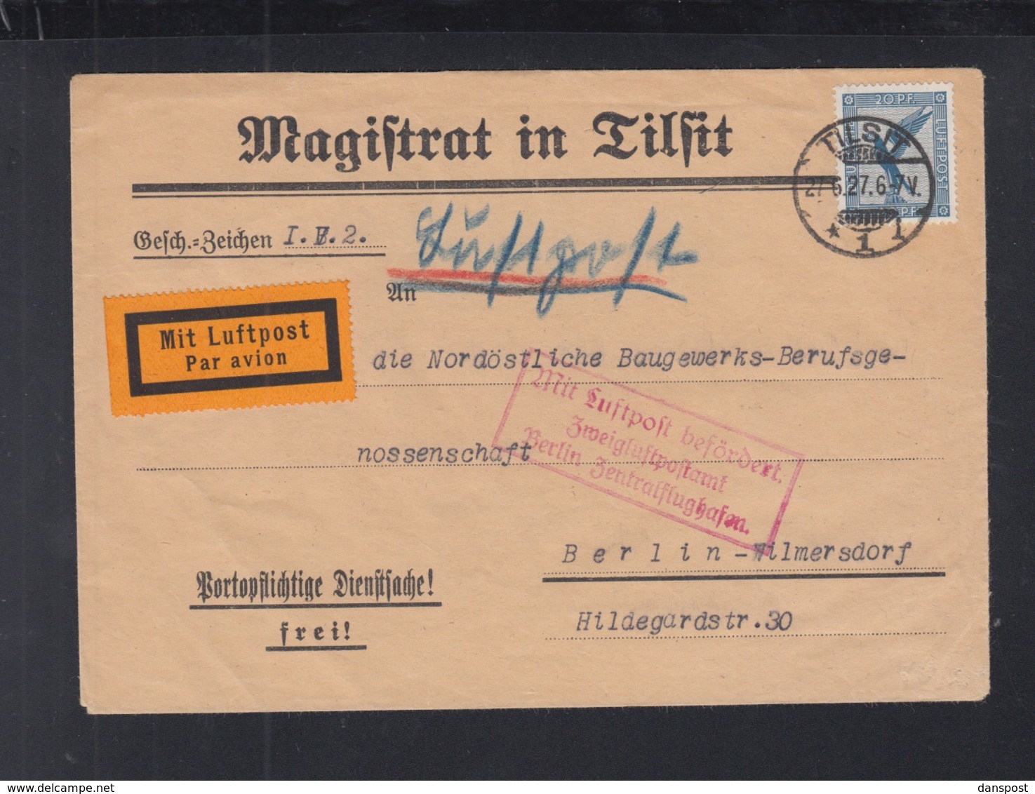 Dt. Reich Luftpost 1927 Tilsit Nach Berlin - Storia Postale