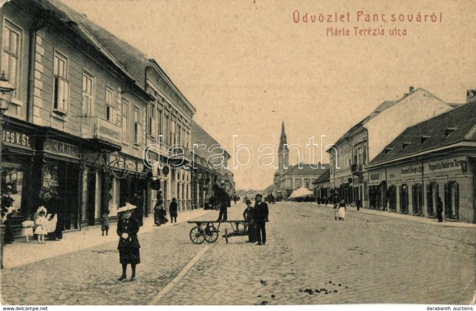 T2/T3 Pancsova, Pancevo; Mária Terézia Utca, Popovits, Nádor és Társa, Fodor J. üzlete, Kerékpár. W. L. 949. / Street Vi - Unclassified