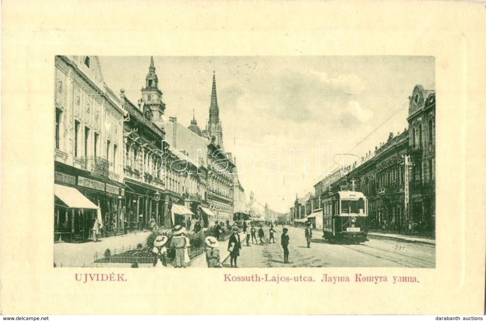 T2/T3 Újvidék, Novi Sad; Kossuth Lajos Utca, üzletek, Villamos. W. L. Bp. 6350. / Street View, Shops, Tram (EK) - Unclassified