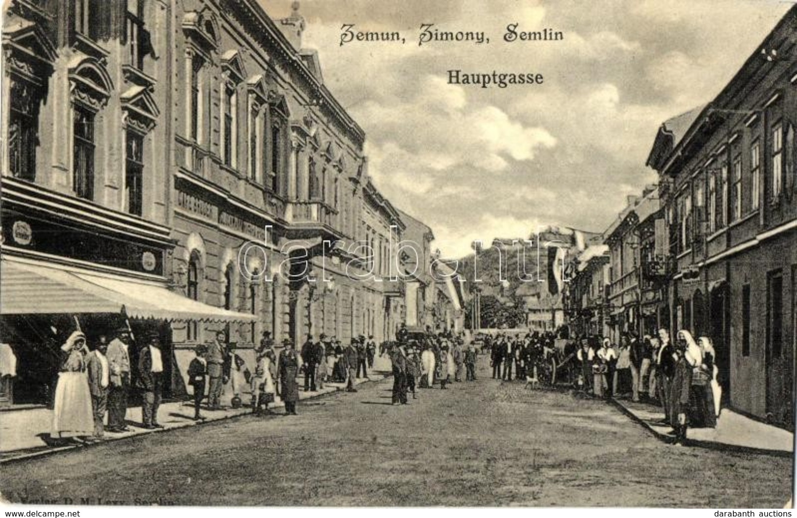 T2 Zimony, Zemun, Semlin; Hauptgasse / F? Utca, üzletek, Kávéház. Verlag D. M. Levy, Photo Glanz / Main Street, Shops, C - Unclassified