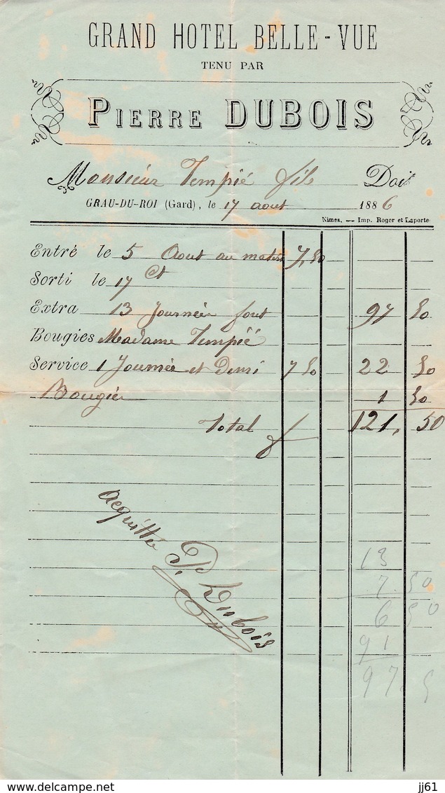 GRAU DU ROI PIERRE DUBOIS GRAND HOTEL BELLE VUE ANNEE 1886 A MR TEMPIE - Autres & Non Classés