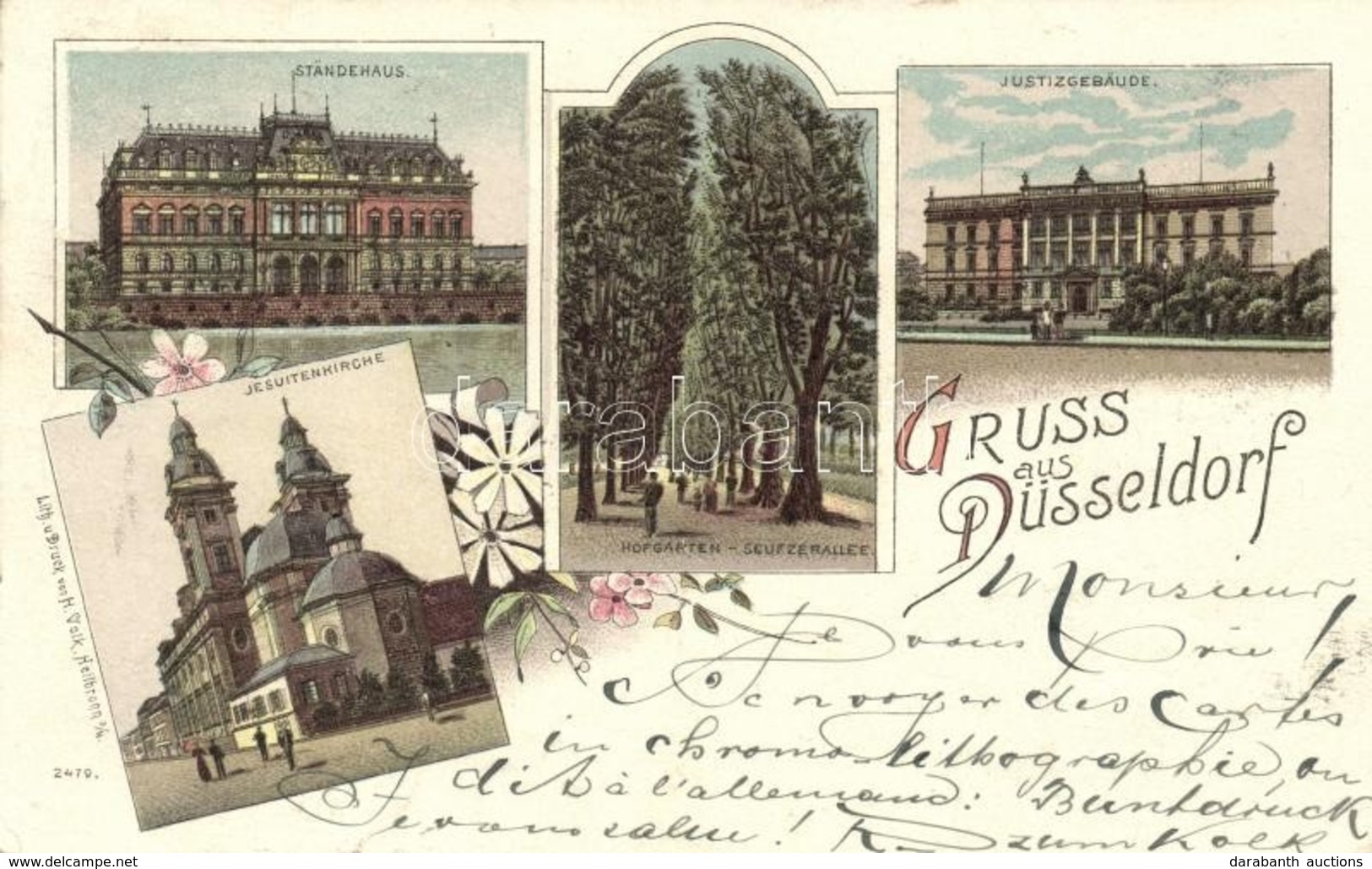T2 1897 Düsseldorf, Justizgebäude, Ständehaus, Jesuitenkirche / Floral Litho - Unclassified