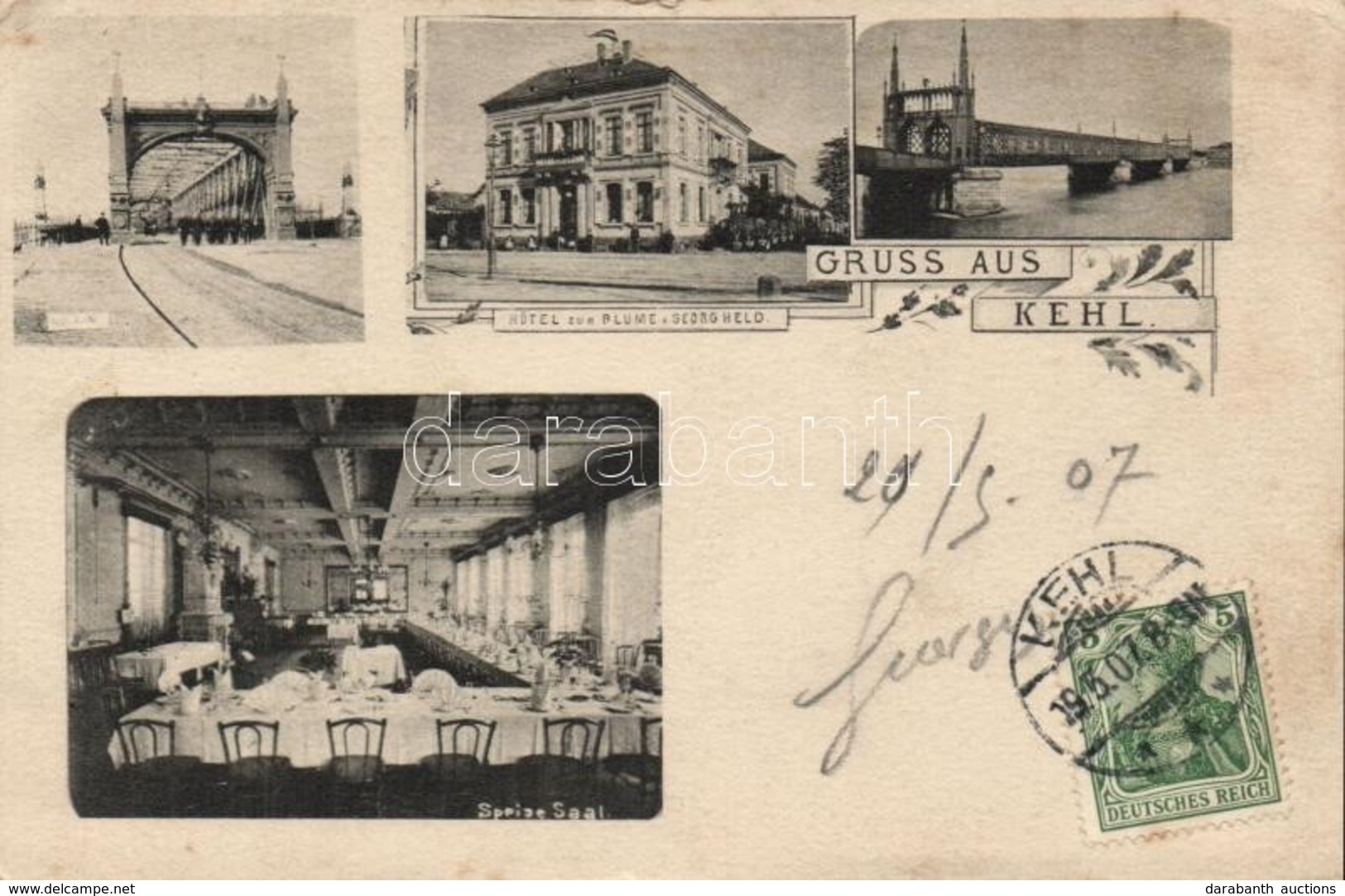 T3 Kehl, Hotel Zur Blume V. Georg Held / Hotel, Bridge, Dining Room, Interior, Floral TCV Card (kis Szakadás / Small Tea - Unclassified