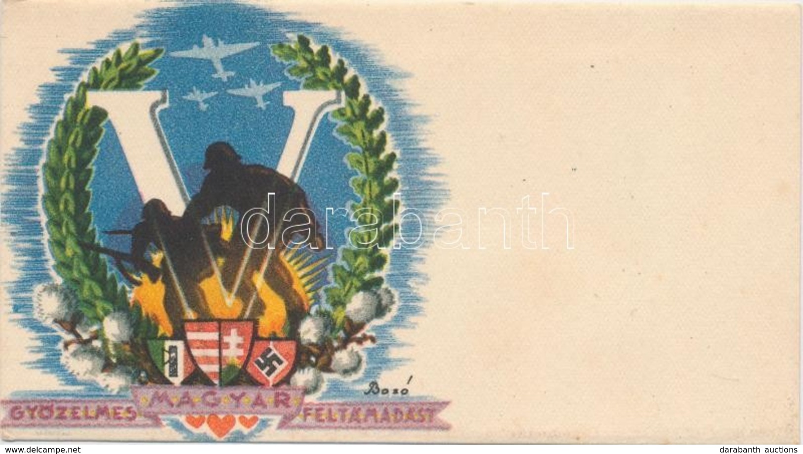 * T2 Népies Irredenta Lap Horogkeresztes Német és Fasiszta Olasz Címerrel / Irredenta Card With National Socialist Flags - Unclassified