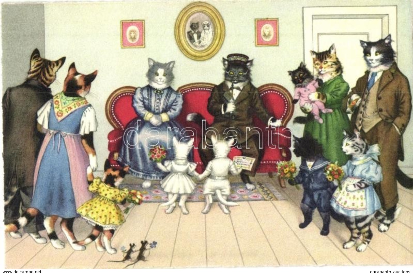 ** T2 Cat Family At A Wedding Anniversary, Little Cats With Flowers. Max Künzli No. 4737. - Modern Postcard - Unclassified