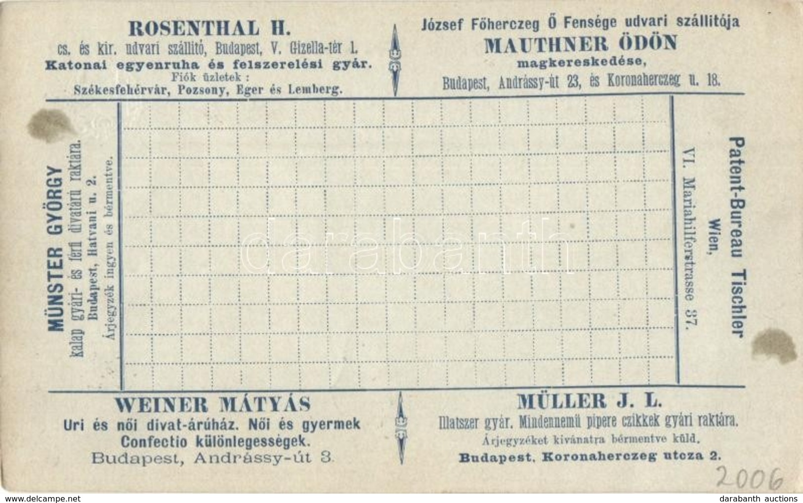 * T2/T3 Hirdetményes Levelez?lap Rosenthal H. Katonai Egyenruha Gyár, Mauthner Ödön Magkereskedés, Weiner Mátyás Divatár - Unclassified