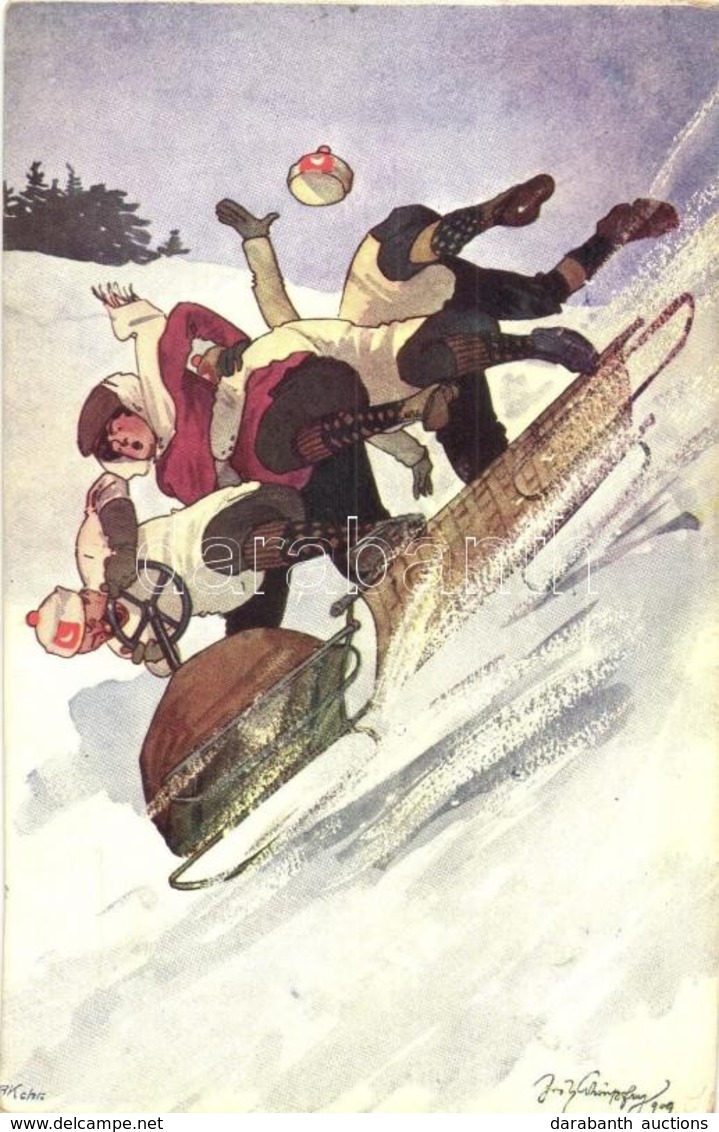 T2/T3 Sleighing People, Humour, Accident, Winter Sport. B. K. W. I. 371-3. S: Schönpflug (EK) - Unclassified