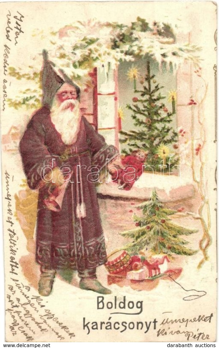 T2/T3 Boldog Karácsonyt! / Christmas Greeting Card. Saint Nicholas With Gifts And Christmas Tree. Emb. Litho (EK) - Unclassified