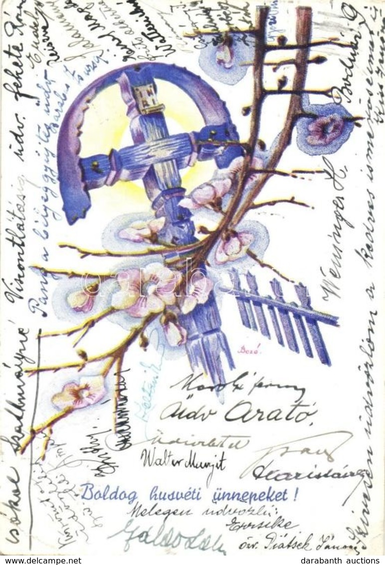 T2/T3 Boldog Húsvéti ünnepeket! Aláírásokkal / Easter Greeting Art Postcard With Signatures S: Bozó (EK) - Unclassified