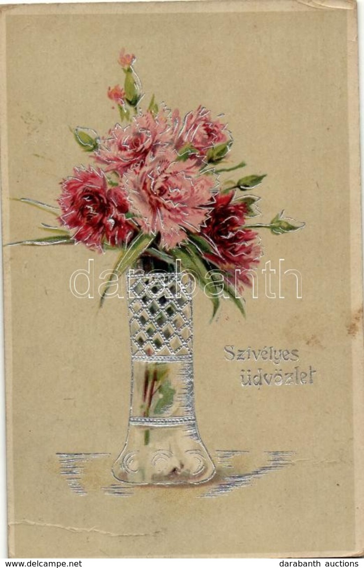 * T2/T3 Flower Greeting Card, Silver Decorated Litho (EK) - Unclassified