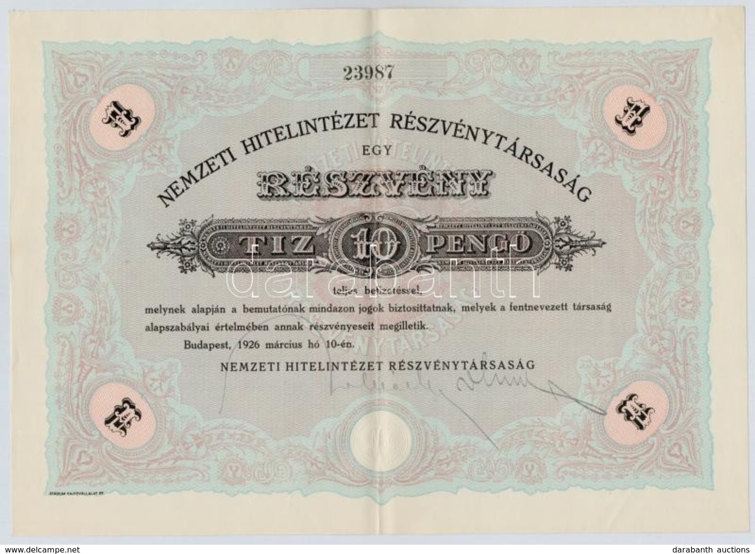 Budapest 1926. 'Nemzeti Hitelintézet Részvénytársaság' Részvénye 10P-r?l (2x) Egyugrásos Sorszámkövet?k, Szárazpecséttel - Unclassified