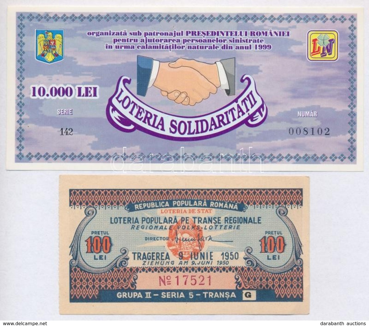 Románia 1950. 100L Sorsjegy + 1999. 10.000L Sorsjegy T:I-
Romania 1950. 100 Lei Lottery Ticket + 1999. 10.000 Lei Lotter - Unclassified