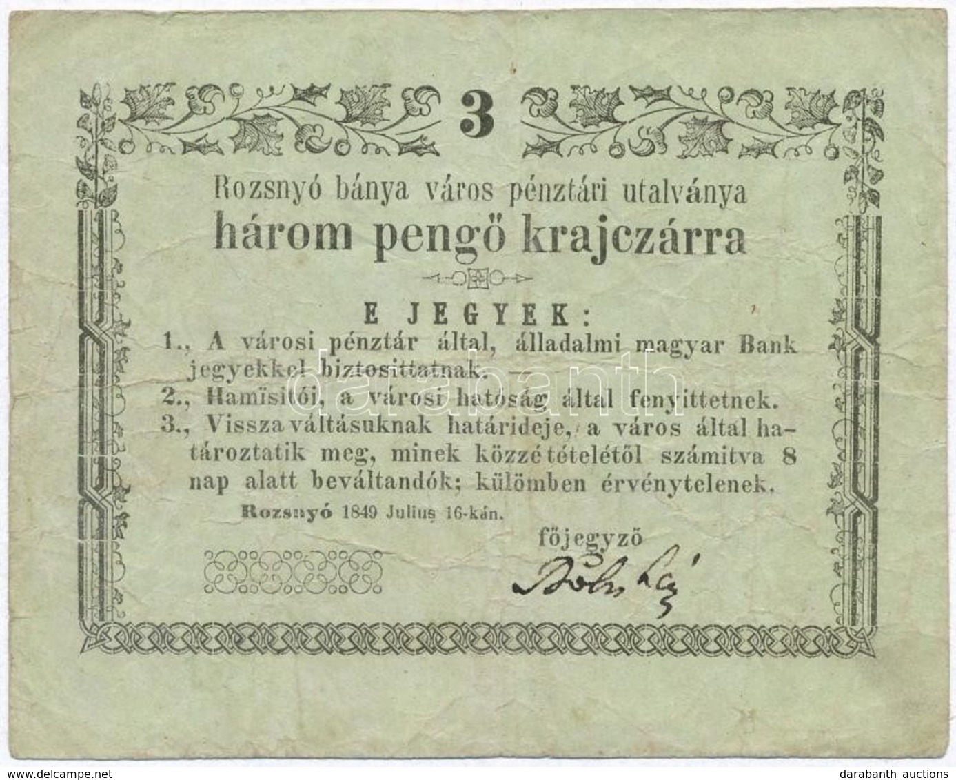 Rozsnyó 1849. 3kr 'Rozsnyó Bánya Város Pénztári Utalványa' T:III
Adamo ROZ-1.2 - Unclassified