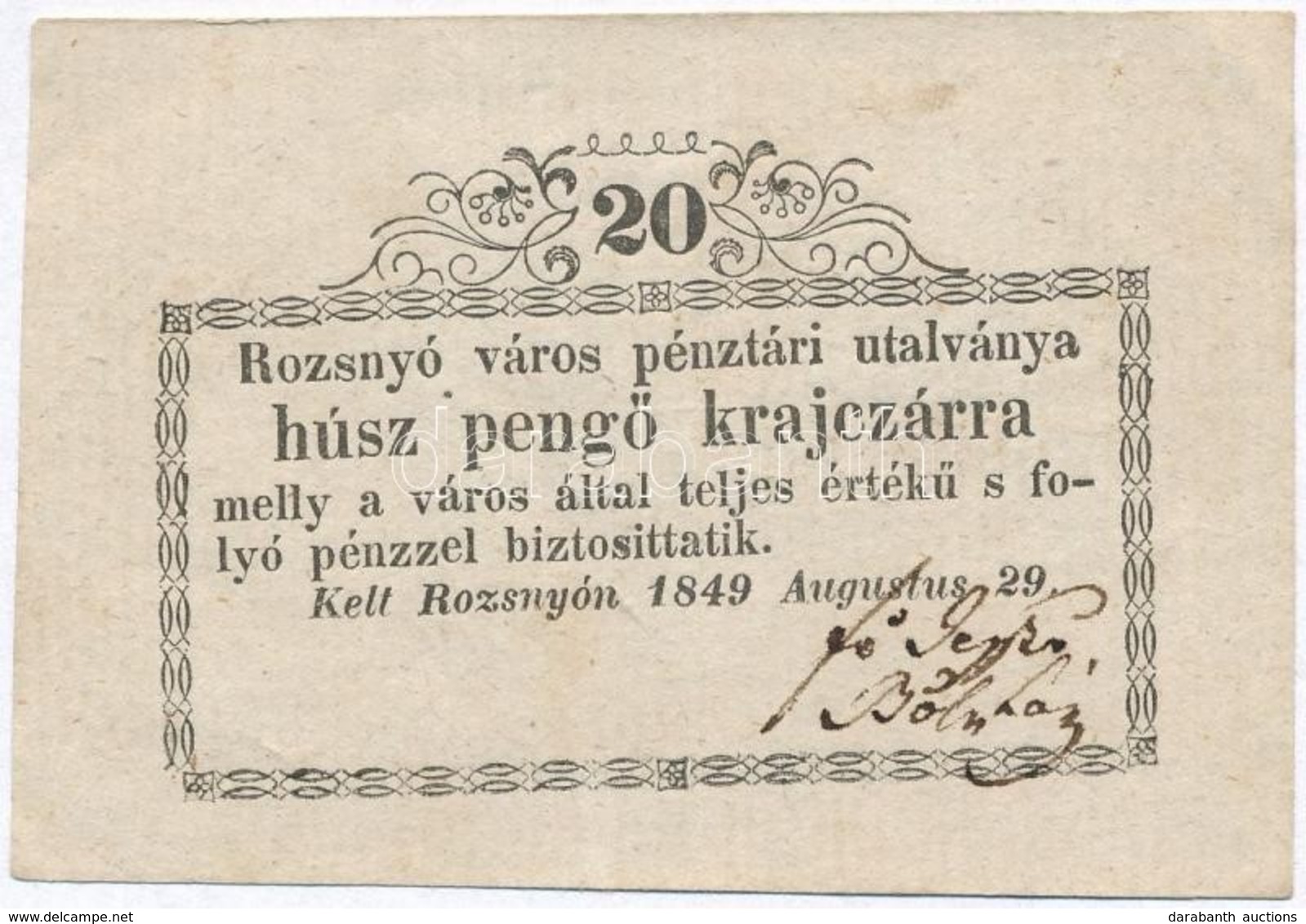 Rozsnyó 1849. 20kr 'Rozsnyó Város Pénztári Utalványa' T:III  Szép Papír ROZ-2.1 - Unclassified