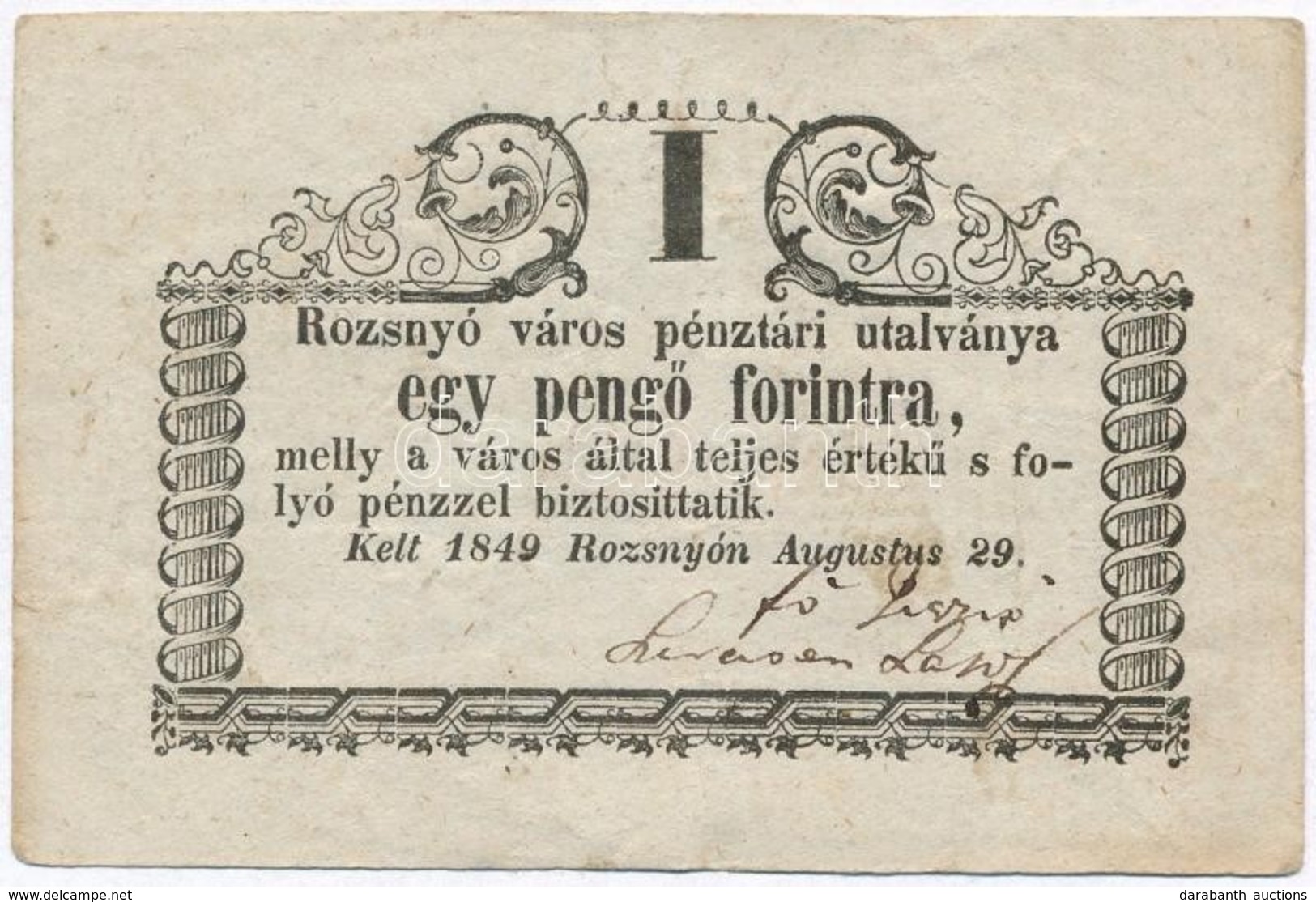 Rozsnyó 1849. 1Ft 'Rozsnyó Város Pénztári Utalványa' T:III
ROZ-2.2 - Unclassified