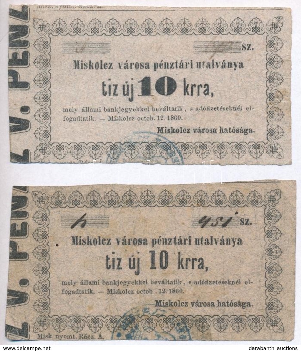 Miskolc 1860. 10kr 'Miskolcz Városa Pénztári Utalványa' (2x) T:III- - Unclassified