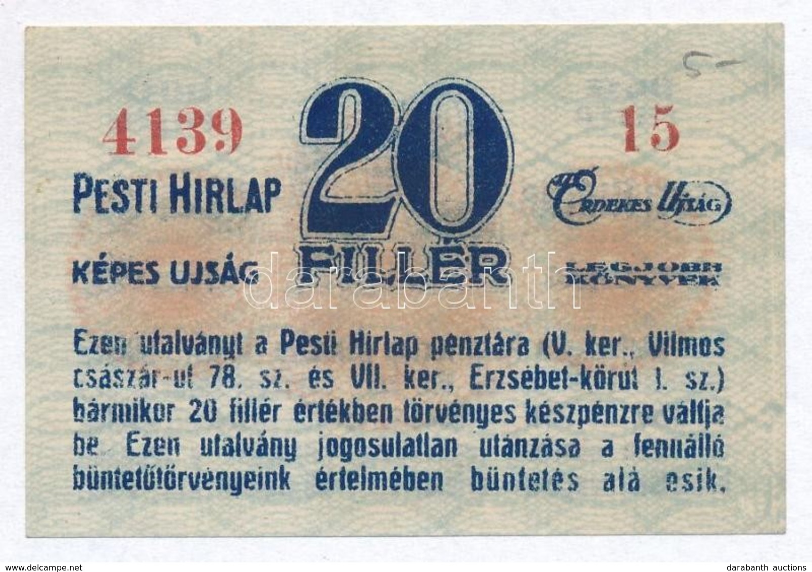 Budapest ~1920. 20f 'Pesti Hírlap' T:I- - Unclassified
