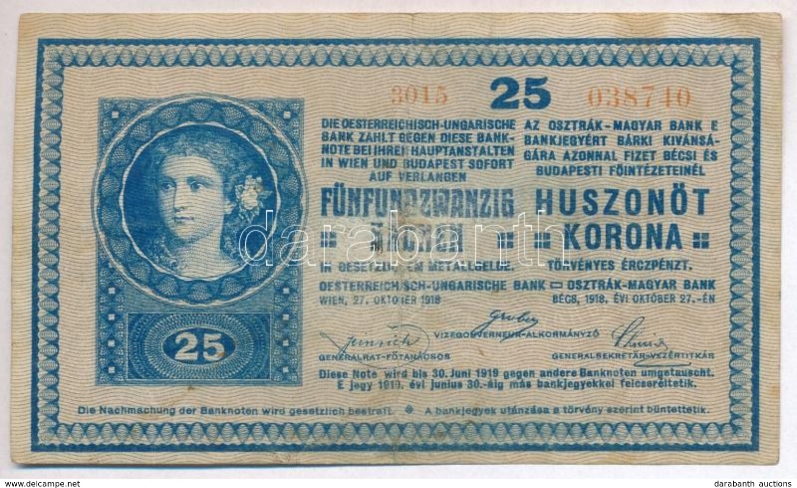 1918. 25K '3015' 3mm, Sima Hátlap, Hamis 'Heves Vármegye Tiszafüred Nagyközség 1901' Felülbélyegzéssel (fake Overprint)  - Unclassified
