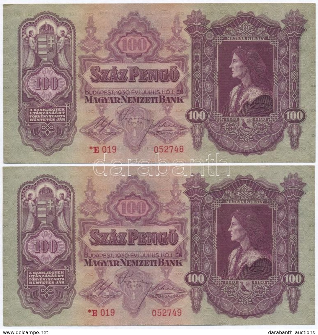 1930. 100P (2x) Sorszámkövet?k, Csillagos Sorozatszám, Nyomdai Papírránc T:I,I- 
Adamo P17A - Unclassified