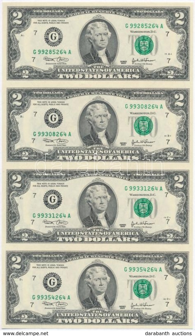 Amerikai Egyesült Államok 2003. 2$ Zöld Pecsét 'Rosario Martin - John W. Snow'(4x) ívben T:I
USA 2003. 2 Dollars Green S - Unclassified