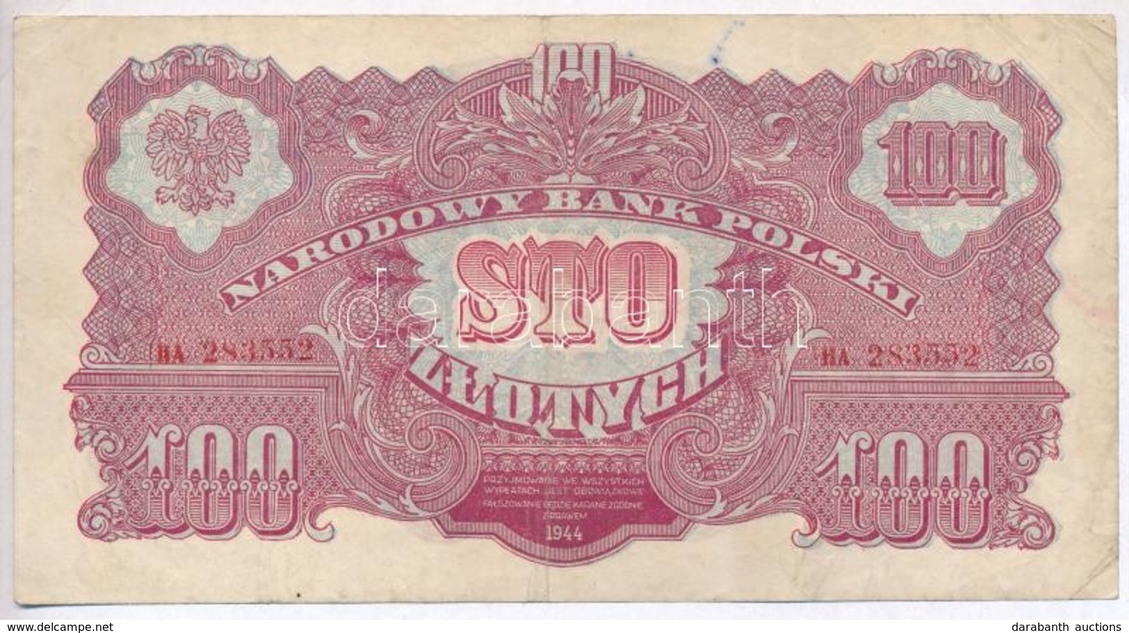 Lengyelország 1944. 100Zl T:III
Poland 1944. 100 Zlotych C:F - Unclassified