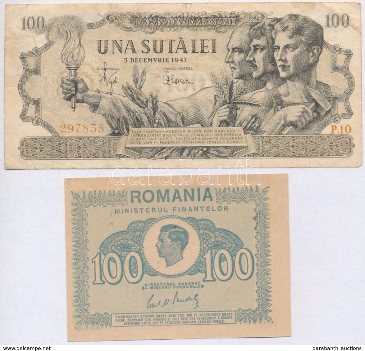 Románia 1945. 100L + 1947. 100L T:II,III
Romania 1945. 100 Lei + 1947. 100L C:XF,F - Unclassified