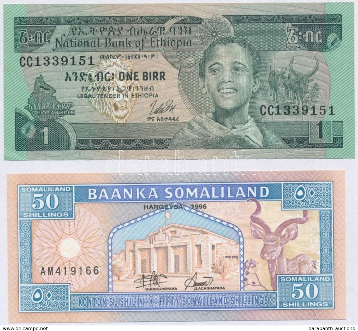 Vegyes: Etiópia 1976. 1B + Szomáliföld 1996. 50Sh T:II,I
Mixed: Ethiopia 1976. 1 Birr + Somaliland 1996. 50 Shillings C: - Unclassified