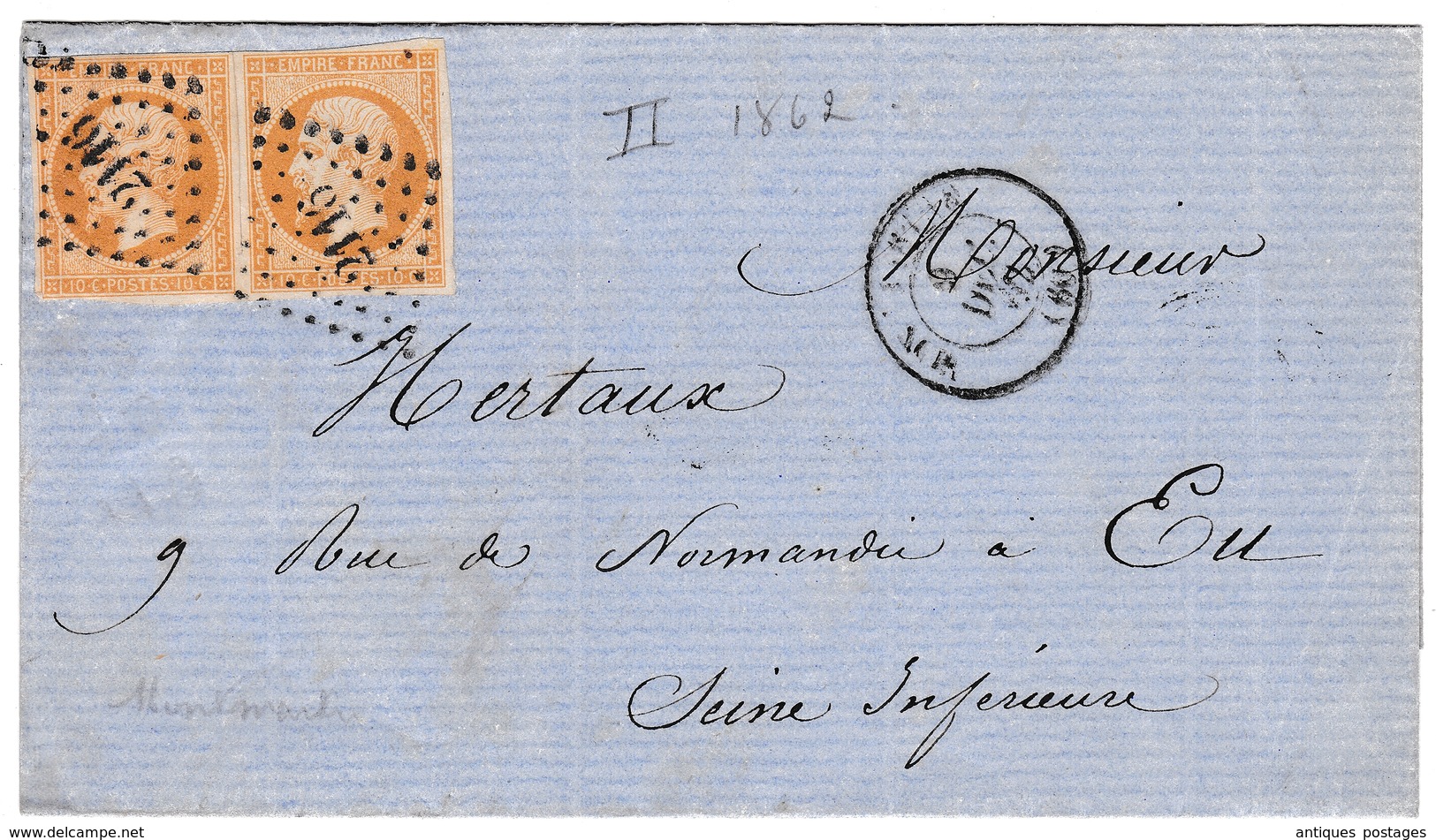 Lettre 1862 Avec Correspondance Paire Napoléon III 10c Type II Paris Pour Eu Saine Maritime Lavigne Sculpteur - 1849-1876: Période Classique