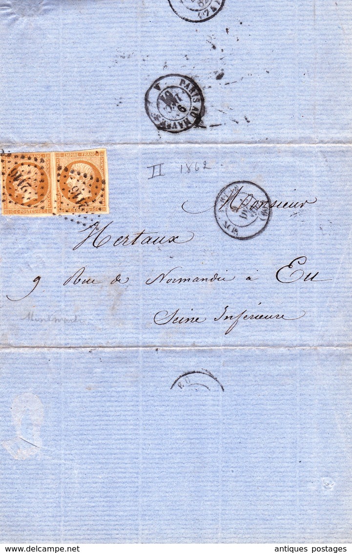 Lettre 1862 avec Correspondance Paire Napoléon III 10c Type II Paris pour Eu Saine Maritime Lavigne Sculpteur