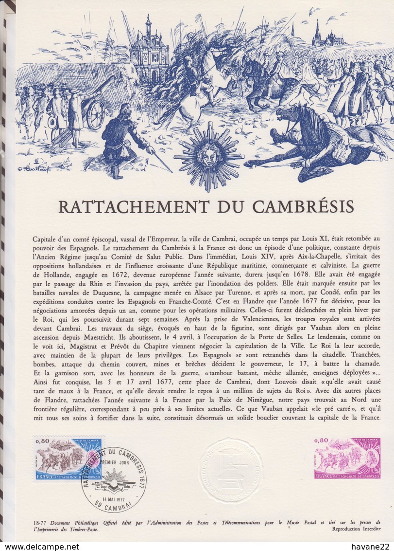 1ER JOUR FEUILLET DOCUMENT PHILATELIQUE 18/1977 RATACHEMENT DU CAMBRESIS - Documents De La Poste