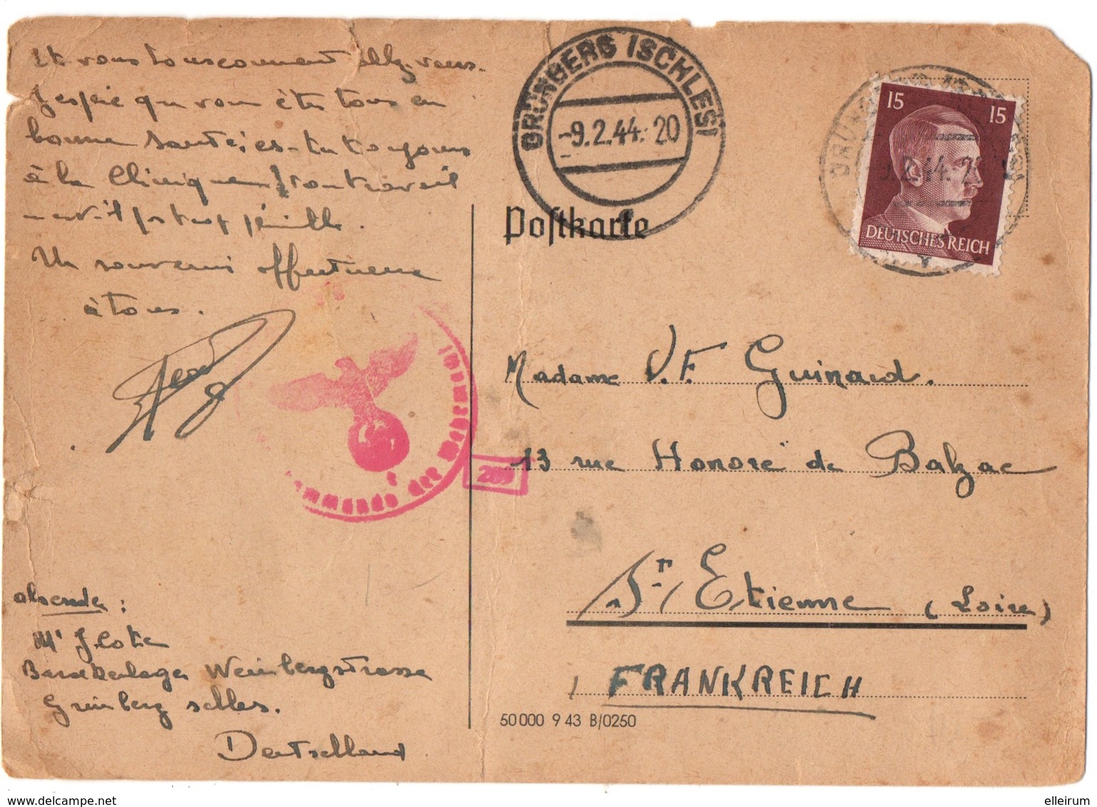 ALLEMAGNE.IIIème REICH. GRUNBERG ISCHLESI Sur HITLER. 1944.  CENSURE. POUR SAINT-ETIENNE (42) - Lettres & Documents