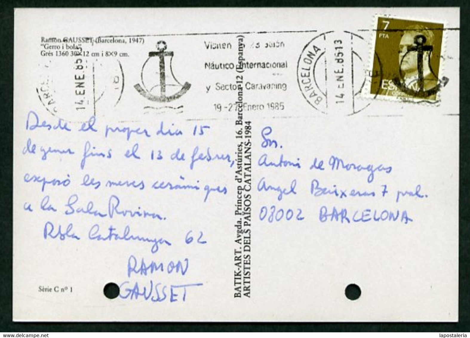 *Ramón Gausset* Ceramista. Tarjeta Postal Con Texto Autógrafo. Fechada Enero 1985. - Objetos De Arte