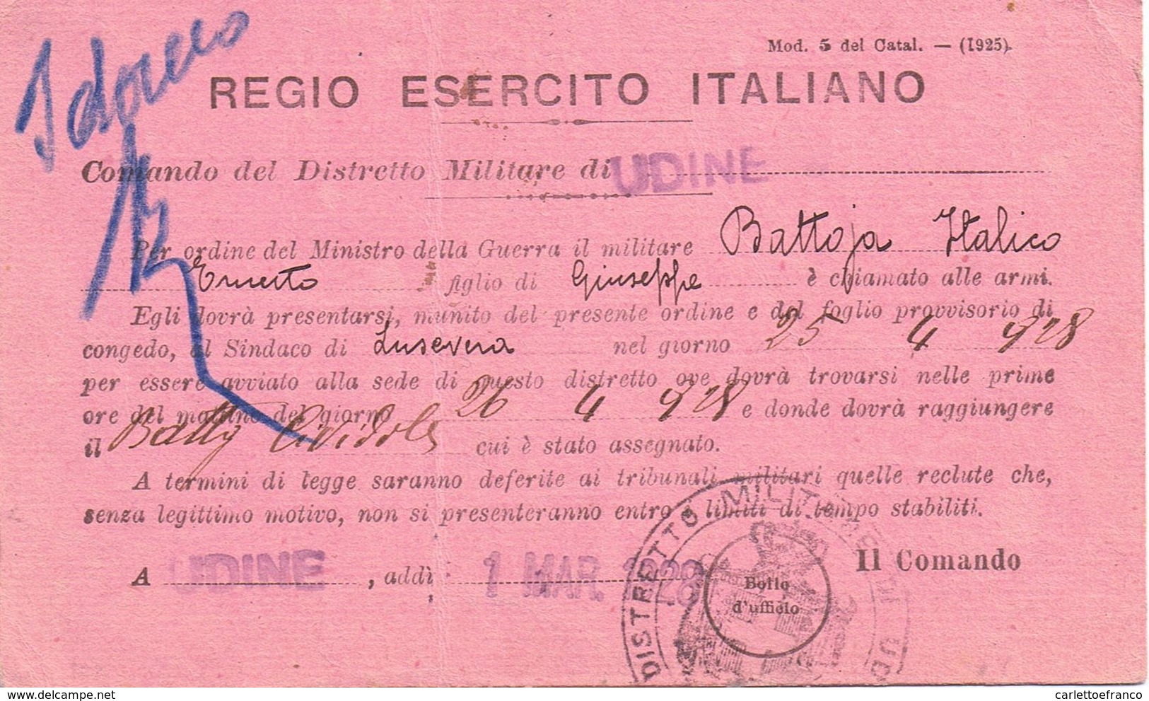 Cartolina Precetto Per Lusevera (UD ) - 1928 - Marcophilie (Avions)