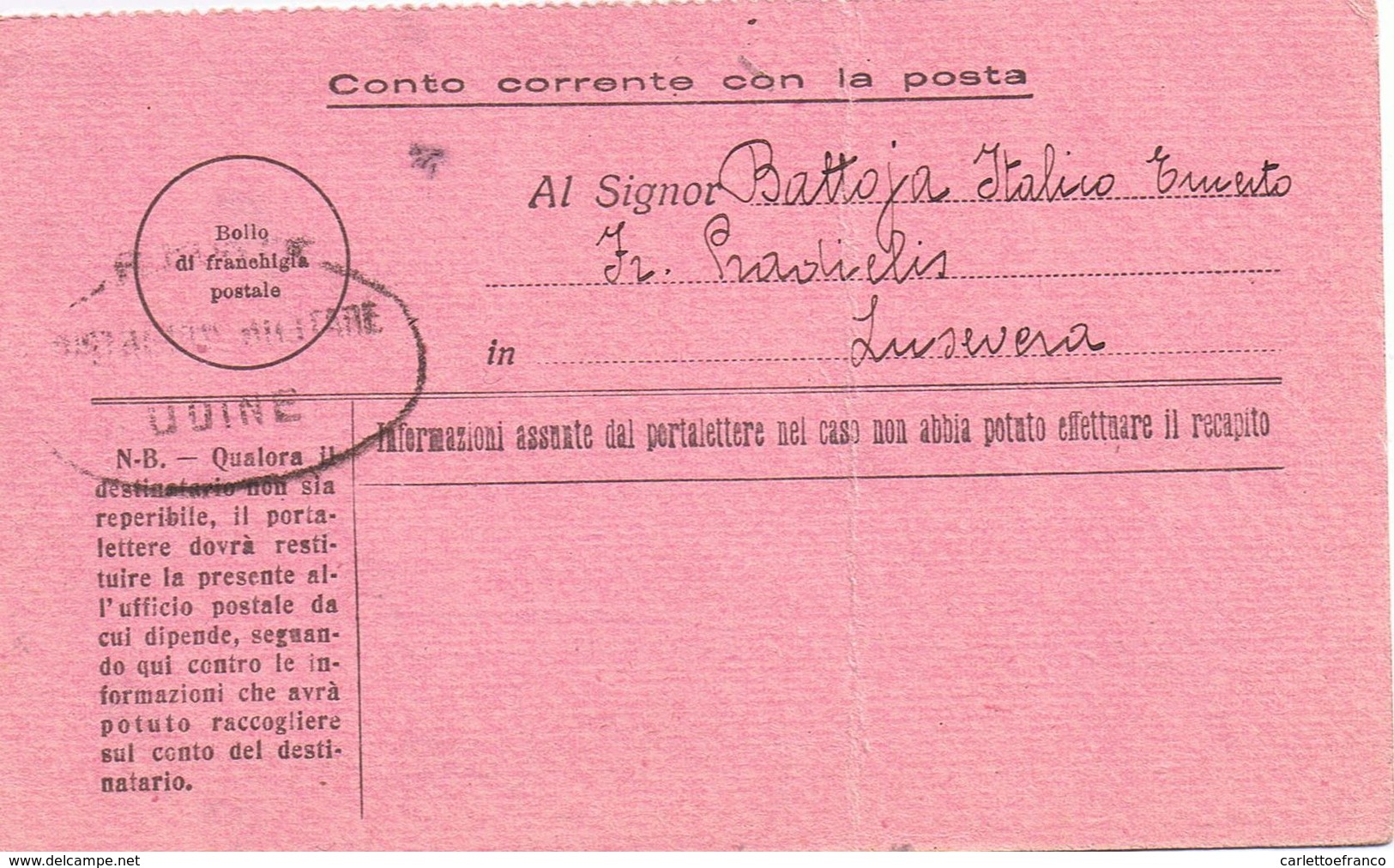 Cartolina Precetto Per Lusevera (UD ) - 1928 - Marcophilie (Avions)