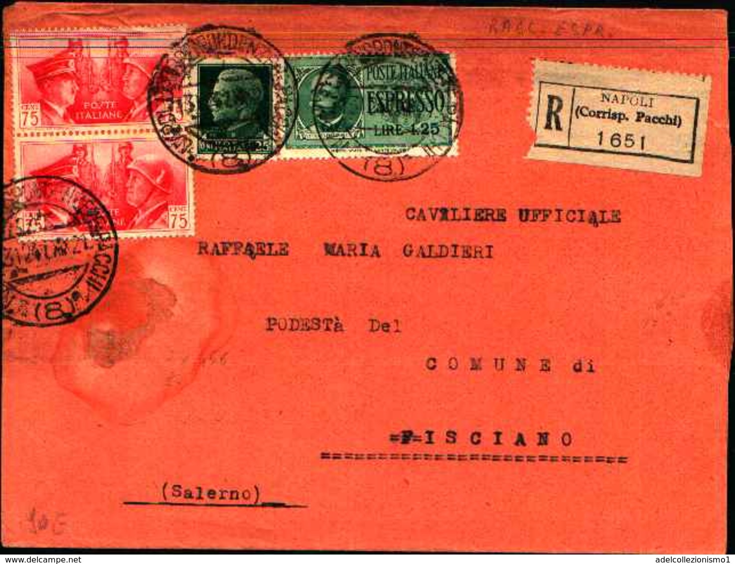 87771) Raccomandata Con 25c.imperiale+2x75c.fratellanza D'armi+1.25l.l.espresso Da Napoli A Fisciano Il 13/12/1941 - Marcophilia