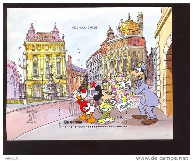 GAMBIA 1012 MINT NEVER HINGED SOUVENIR SHEET OF DISNEY ; WORLD STAMP LONDON'90 ; PICCADILLY CIRCUS  #  152-1 - Disney