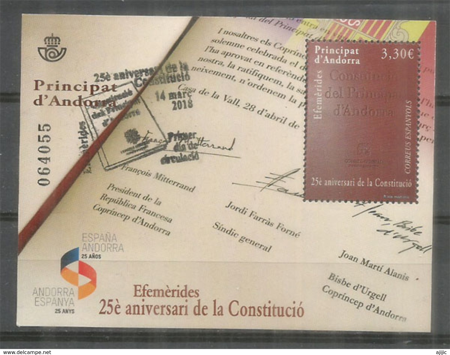 Constitution D'Andorre Annee 2018. Un Bloc-feuillet Oblitere, 1 Ere Qualite . Haute Faciale.Signature F.Mitterrand - Blocks & Sheetlets